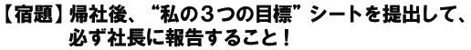 【宿題】帰社後、“私の３つの目標”シートを提出して、必ず社長に報告すること！